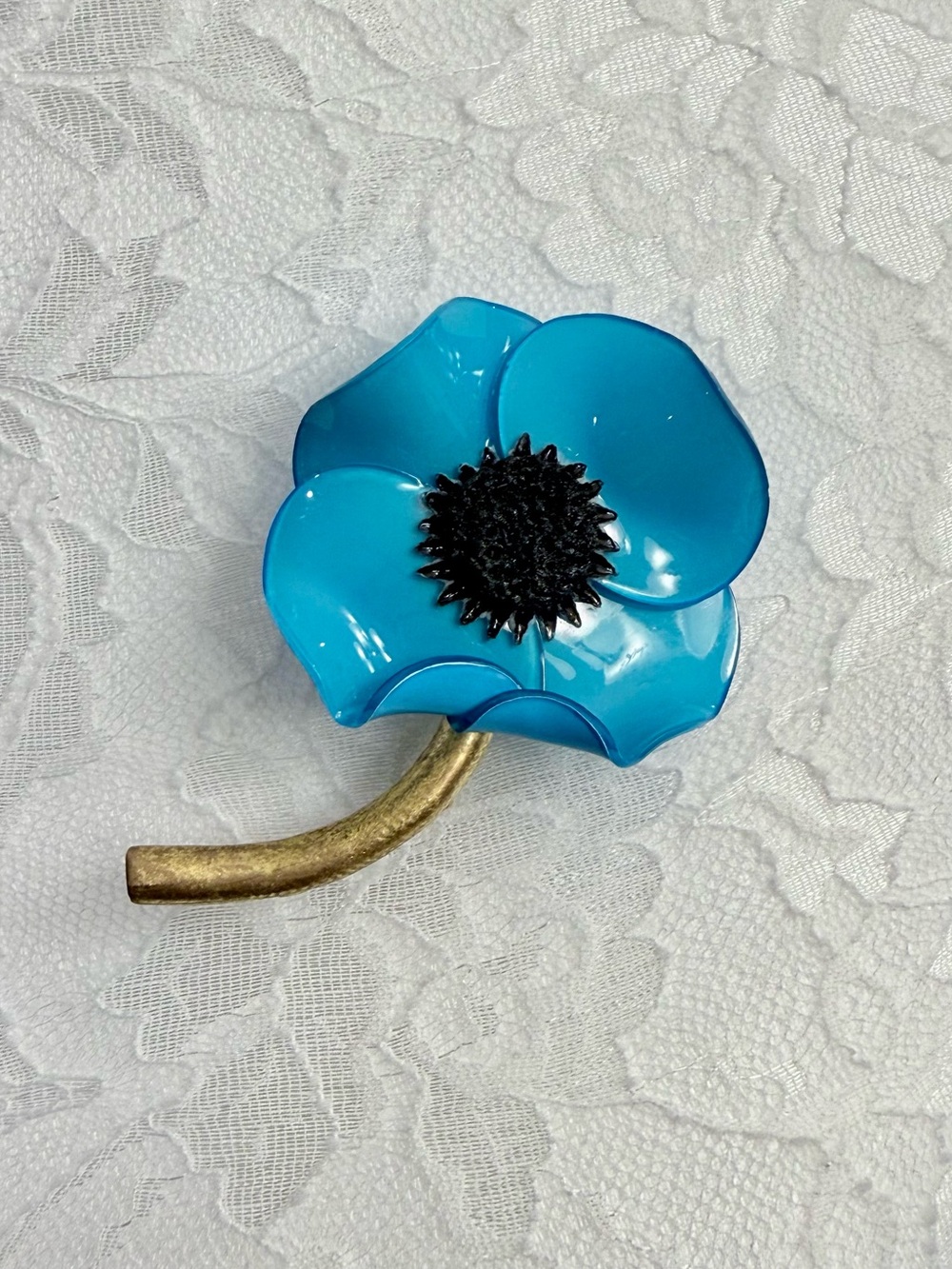 Vintage FABRICE PARIS Signed Enamel Brooch Pin -Blue Poppy Anemone Statement Pin